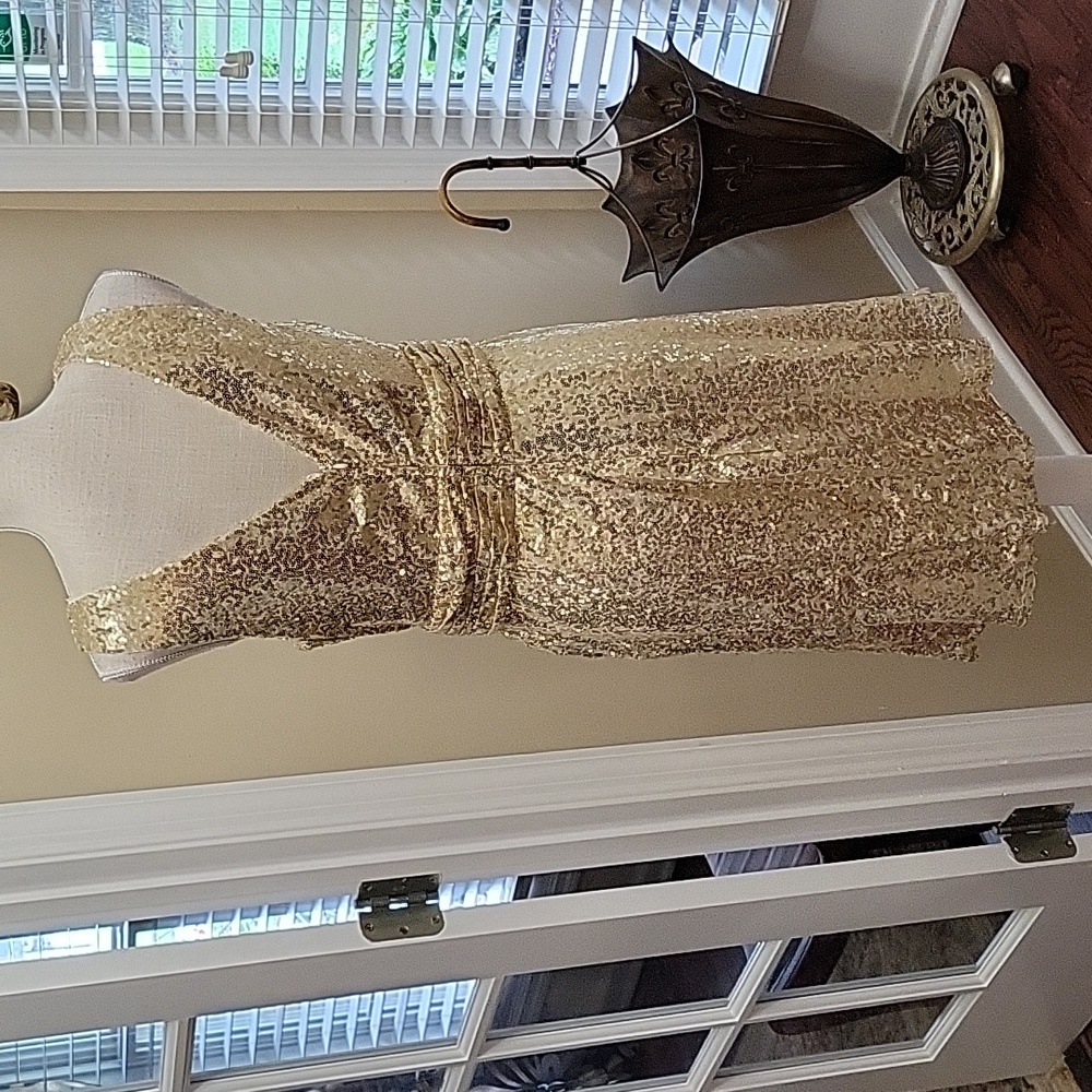 Kate Kasin gold sequin fit & flare sleeveless dress crisscross Vneck sz 12 EUC… - Picture 5 of 9